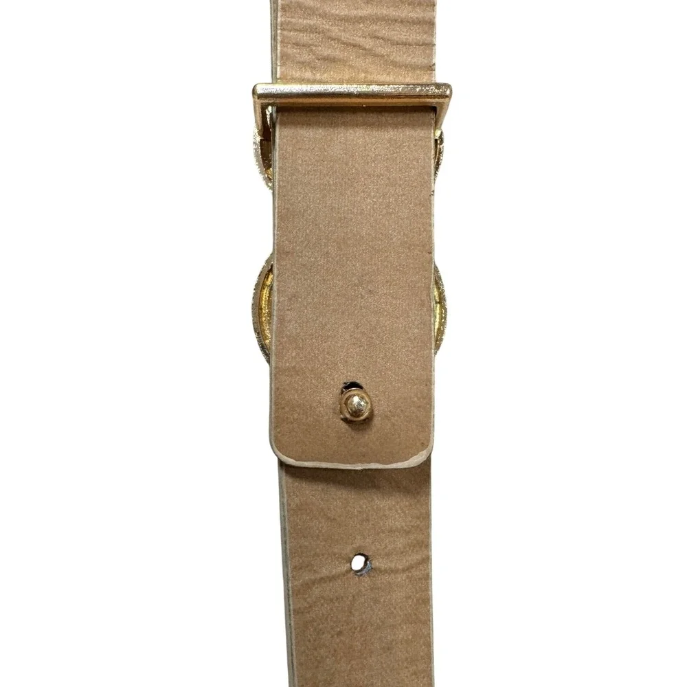 Tan Beige Skinny‎ Belt Gold Double Circle Interlocking Buckle Faux Leather 40in